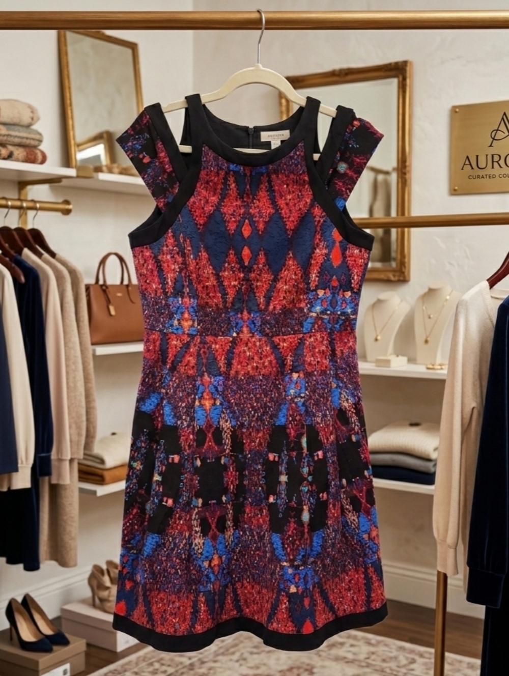 Plenty By Tracy Reese Red & Blue Geometric Zip-Front Mini Dress Confetti